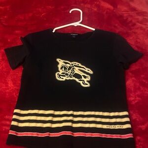 Burberry Black Tee with Gold and Red Stripes